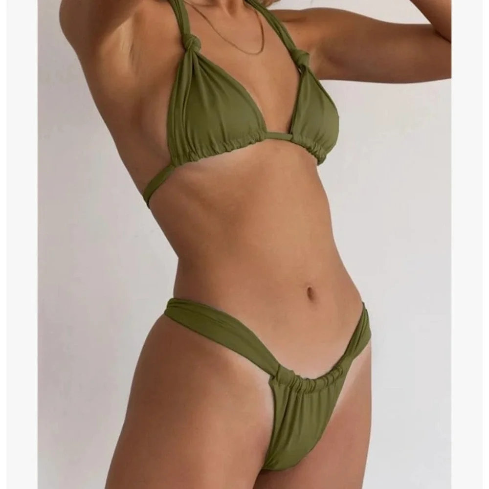 Womens‎ Olive Green Triangle Halter Bikini Set Size Large Ruched Bottoms NWOT